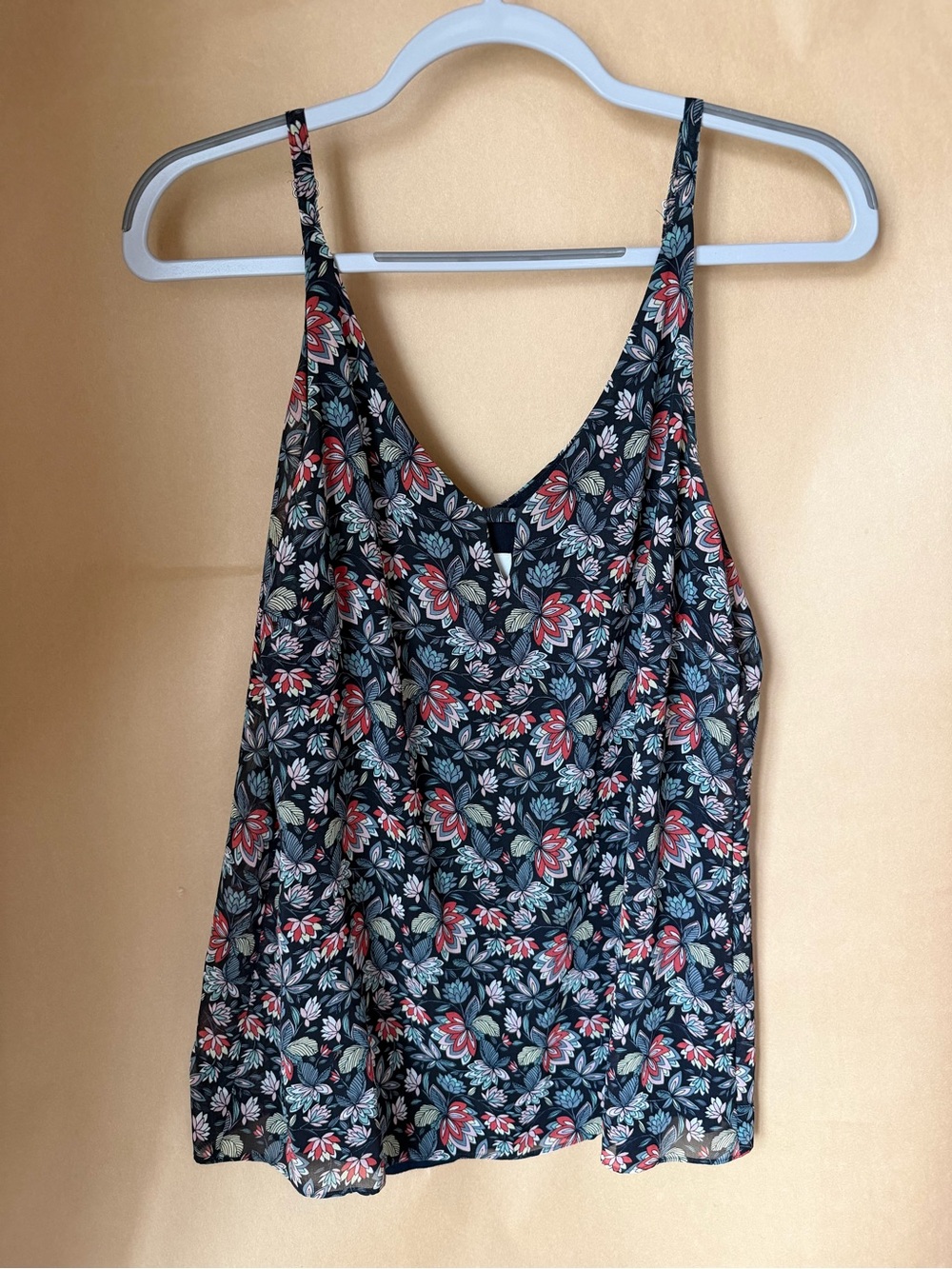 CAbi Black Floral V-Neck Camisole with Red & Green Print
